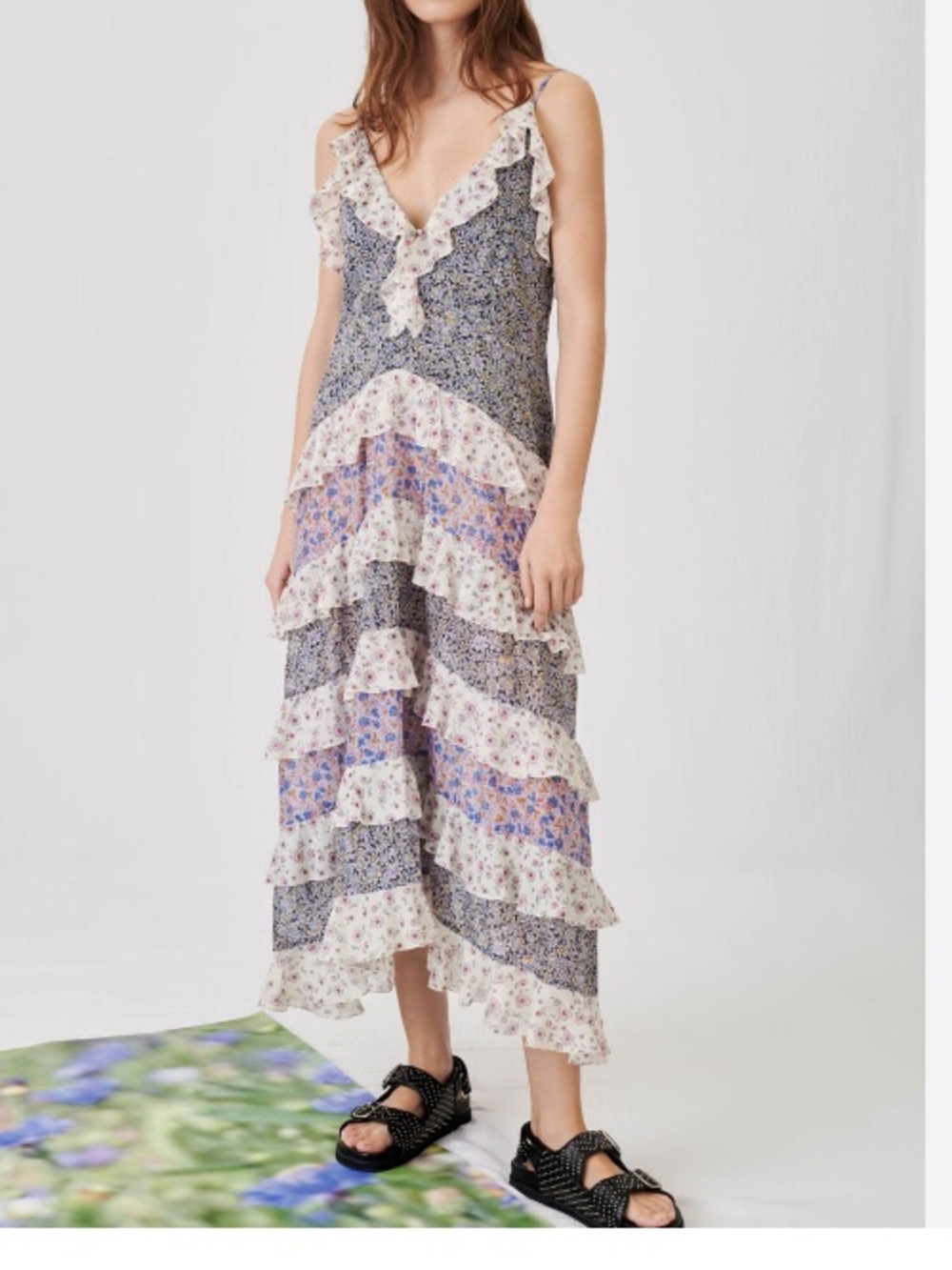 Maje Rissola mixed floral-print cotton voile tiered ruffle dress NWT size 36